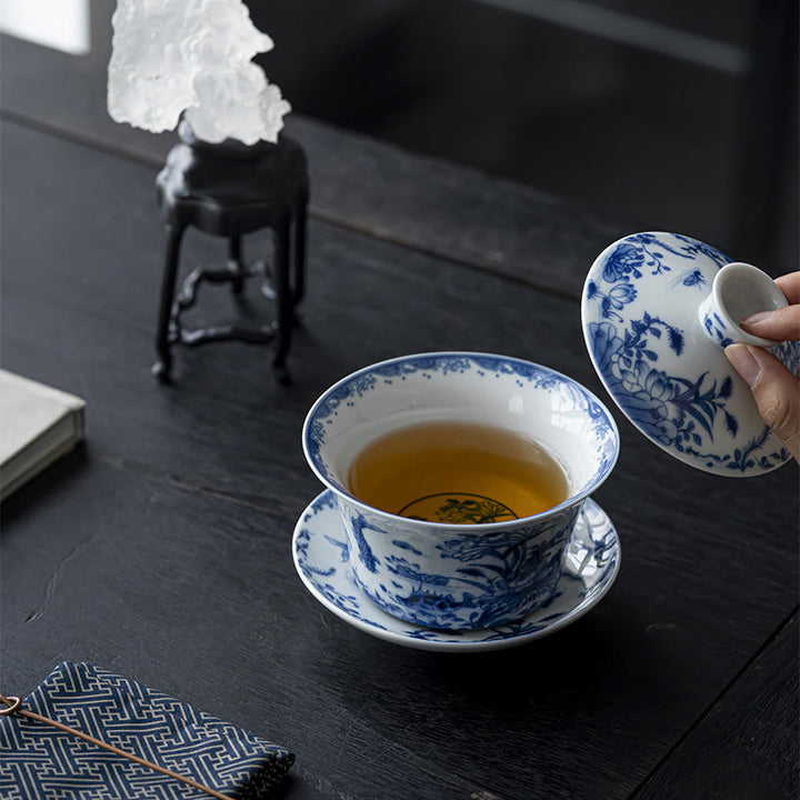 Buddha Stones Niebieskie I Białe Porcelany Lotos Ryba Koi Taniec Lwa Arbuz Ceramiczny Gaiwan Sancai Filiżanka Kung Fu Filiżanka I Spodek Z Pokrywką 300 ml