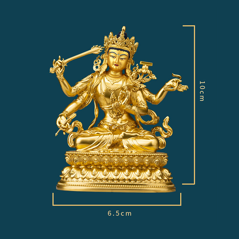 Czteroramienna figurka Mandziuśri Bodhisattwy Złota Figurka Współczucia Spokoju Miedziana Statuetka Dekoracja Domu
