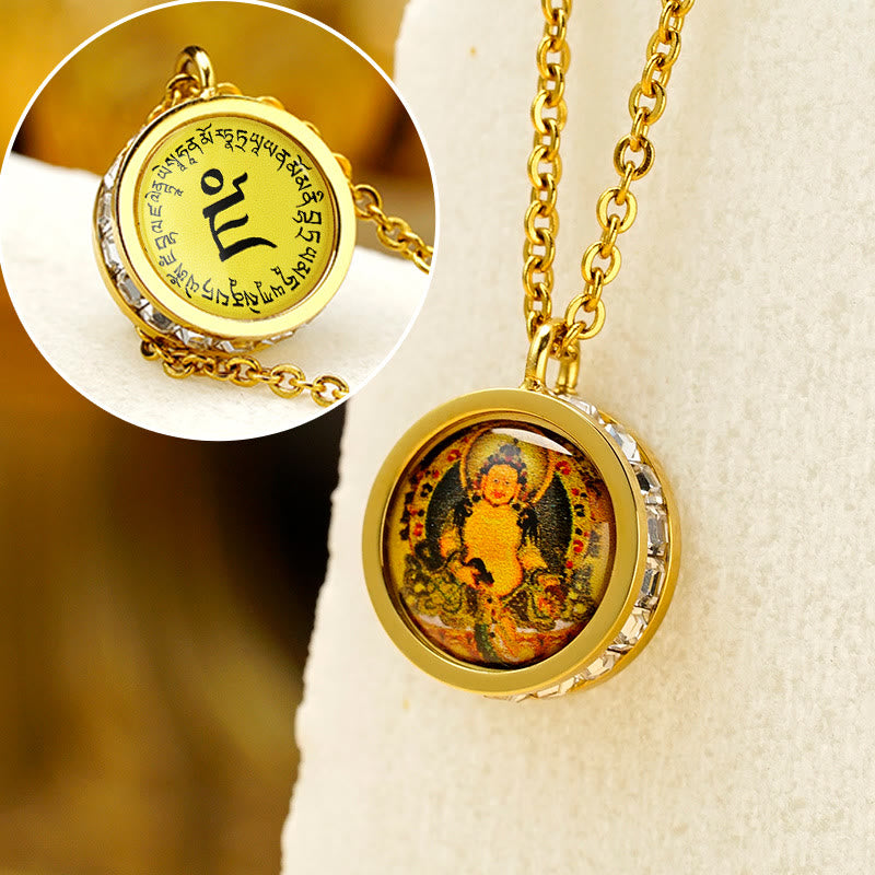 Buddha Stones Tybetański Żółty Bóg Bogactwa Zielona Tara Budda Spokój Naszyjnik Wisiorek Ze Stali Tytanowej - Przód Żółty Bóg Bogactwa Tył Mantra - image 1
