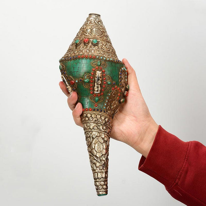 Tybetański ręcznie grawerowany Shankha Double Dorje Budda Conch Shell Wealth Pozytywna dekoracja