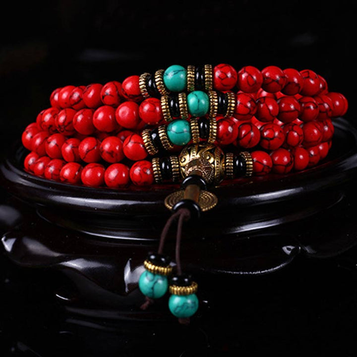 Buddha Stones Tybetańskie Mala Czerwony Turkusowy Naszyjnik Szczęśliwy Bransoletka