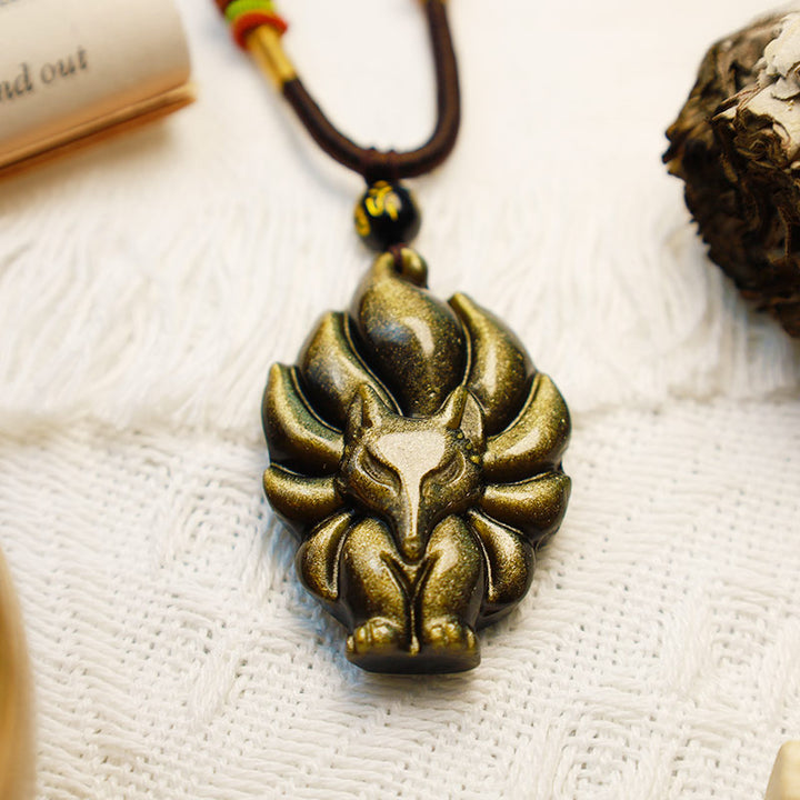 Buddha Stones Naturalny Tęczowy Obsydian Złoty Połysk Obsydian Dziewięcioogonowy Lis Pozytywny Naszyjnik Wisiorek