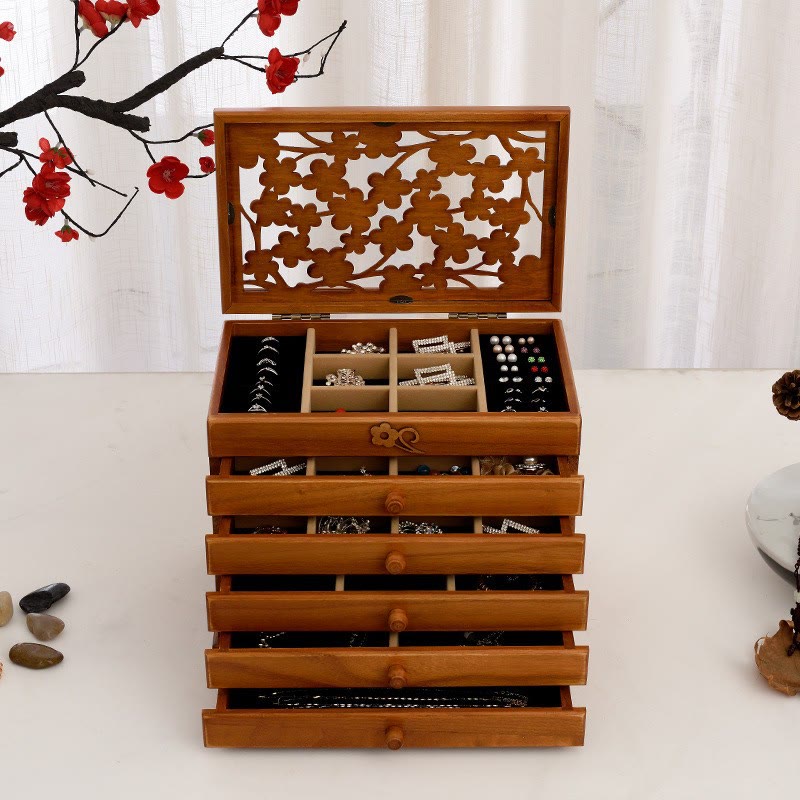 Buddha Stones Vintage Plum Blossom Rzeźbione Drewniane Pudełko Na Biżuterię Sześciowarstwowe Pudełko Do Przechowywania Biżuterii