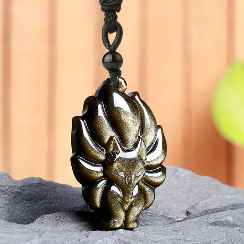 Buddha Stones Naturalny Fluoryt Złoty Połysk Obsydian Lis Wisiorek Ochrona Naszyjnik