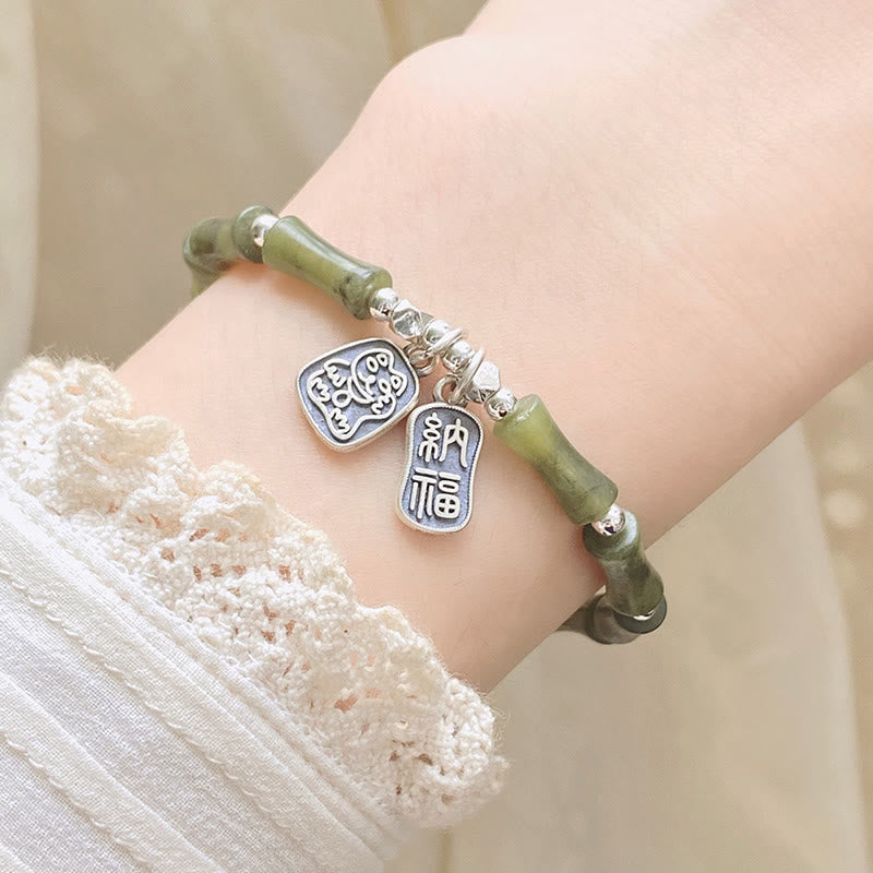 Buddha Stones 925 Srebro Sterlingowe Bambus Jade Lucky Cat Fu Character Luck Abundance Bransoletka - image 9