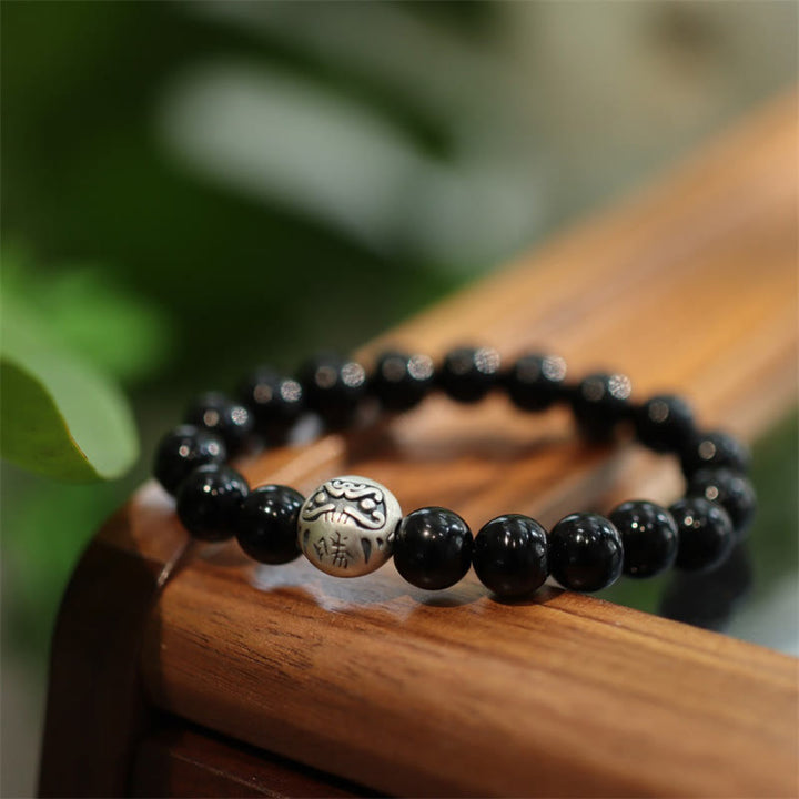Bransoletka ochronna z Buddha Stones 925 ze srebra próby 925 z czarnym onyksem i grawerowanym charakterem