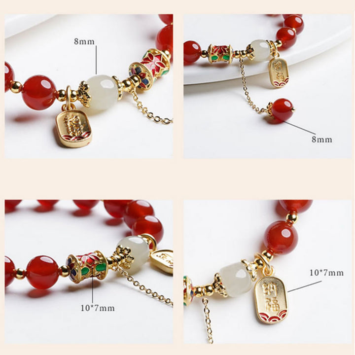 Buddha Stones Naturalny Czerwony Agat Hetian Jade Fu Charakter Pewność Bransoletka Charm