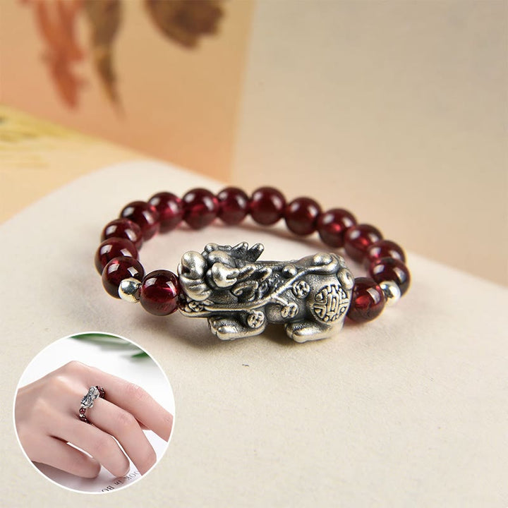 Buddha Stones 925 Srebro Sterling Naturalny Granat Kamień Księżycowy Czerwony Agat Pierścień PiXiu Wealth