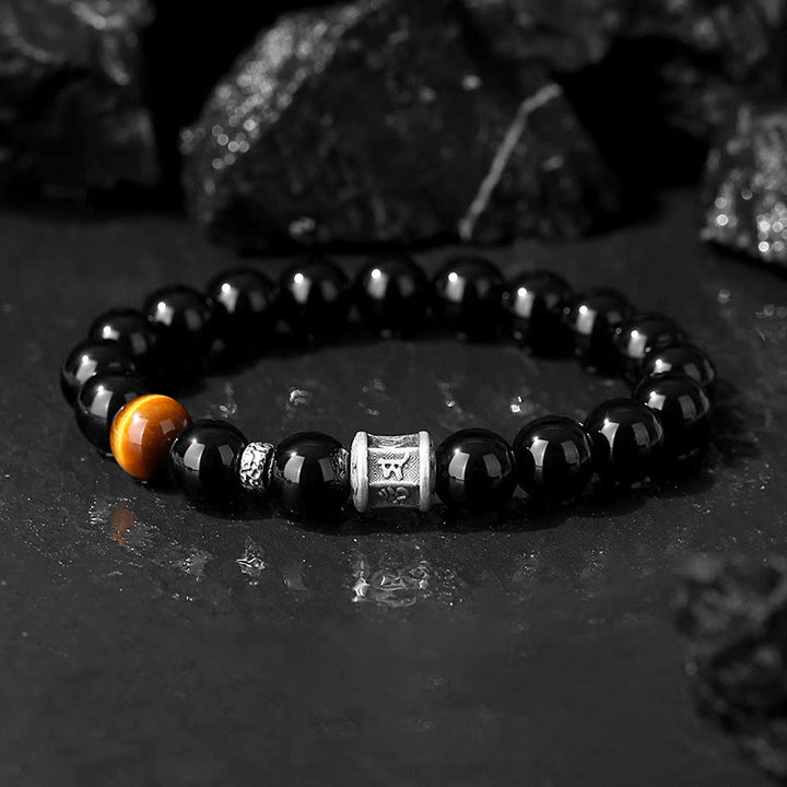 Buddha Stones 999 Srebro Sterlingowe Czarny Obsydian Tygrysie Oko Bransoletka Spełnienie Om Mani Padme Hum