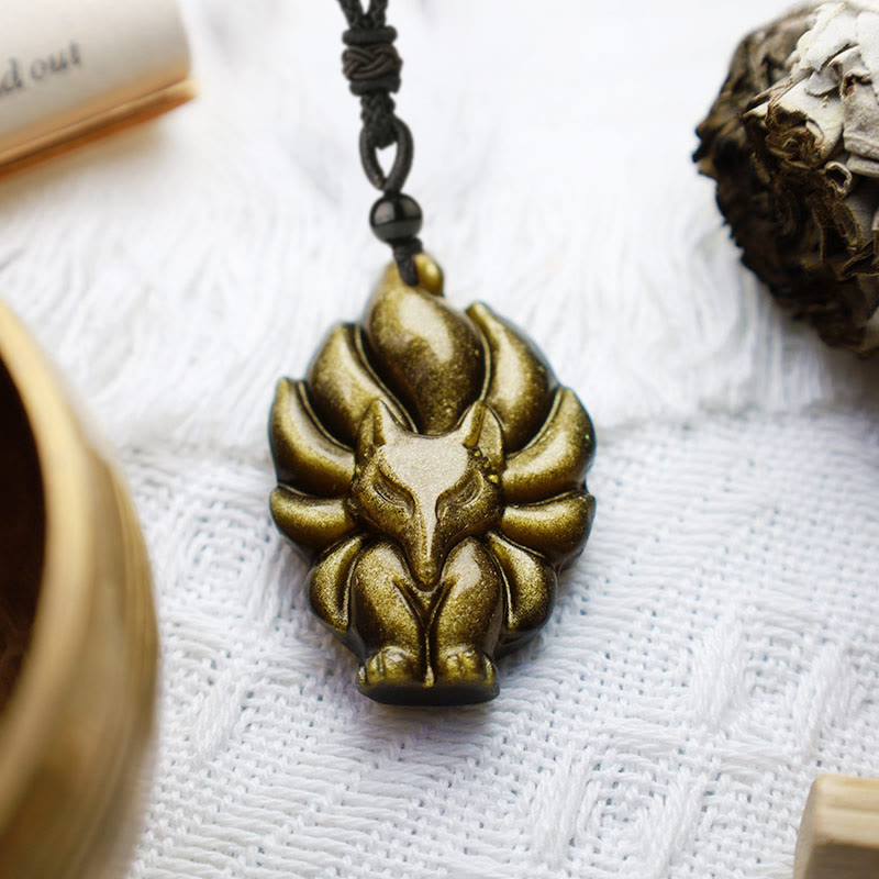 Buddha Stones Naturalny Fluoryt Złoty Połysk Obsydian Lis Wisiorek Ochrona Naszyjnik