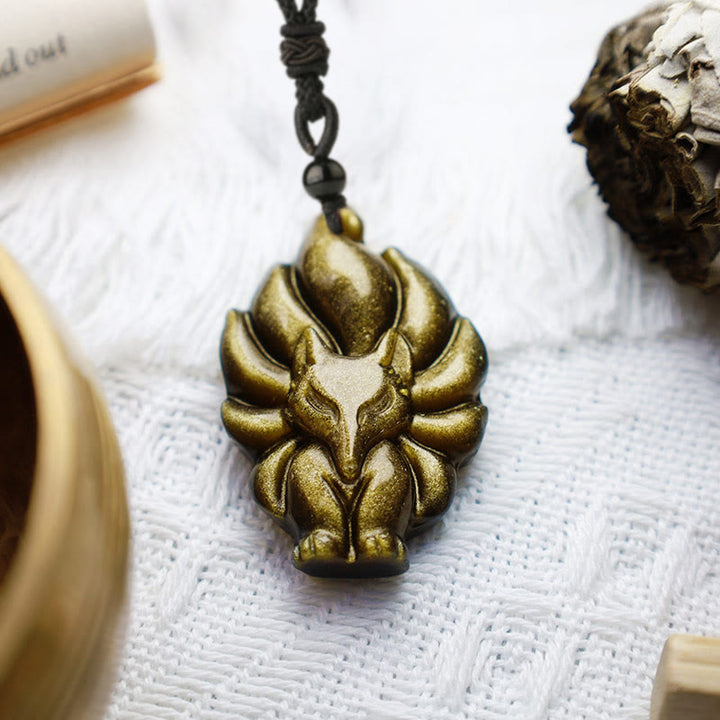 Buddha Stones Naturalny Fluoryt Złoty Połysk Obsydian Lis Wisiorek Ochrona Naszyjnik