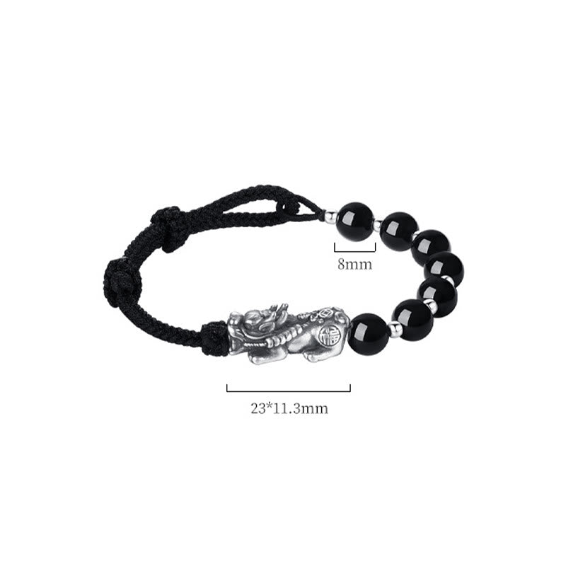 Buddha Stones 999 Srebro Sterlingowe FengShui PiXiu Naturalny Czarny Obsydian 925 Srebro Sterlingowe Koraliki Siła Bransoletka