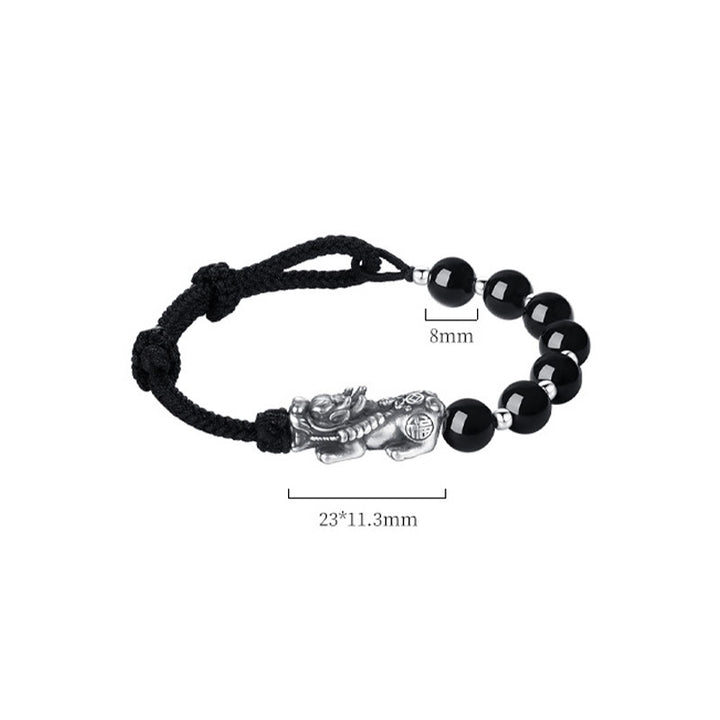 Buddha Stones 999 Srebro Sterlingowe FengShui PiXiu Naturalny Czarny Obsydian 925 Srebro Sterlingowe Koraliki Siła Bransoletka