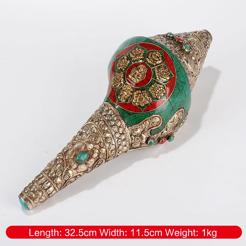 Tybetański ręcznie grawerowany Shankha Double Dorje Budda Conch Shell Wealth Pozytywna dekoracja - Osiem pomyślnych symboli Siakjamuni 32,5*11,5 cm - image 10