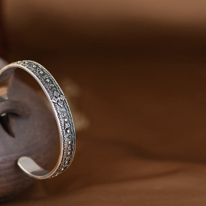 Buddha Stones 925 Srebro Sterlingowe Om Mani Padme Hum Podwójna Dorje Grawerowana Mądrość Bransoletka Mankiet Bangle