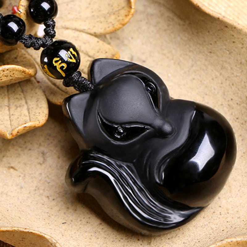 Buddha Stones Naturalny Czarny Obsydian Tygrysie Oko Lodowy Obsydian Lis Wisiorek Amulet Naszyjnik
