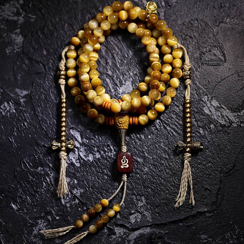 Buddha Stones 108 Mala Koraliki Naturalne Tygrysie Oko Miedź Dorje Ochrona Bransoletka z Chwostem