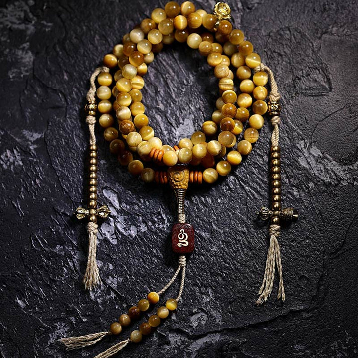 Buddha Stones 108 Mala Koraliki Naturalne Tygrysie Oko Miedź Dorje Ochrona Bransoletka z Chwostem