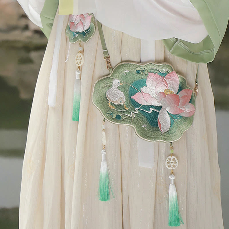 Buddha Stones Szczęście Haft Lotos Koi Ryba Królik Kwiat Hanfu Torba Crossbody Torba na Ramię
