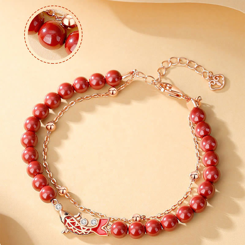 Bransoletka z podwójnym łańcuszkiem Buddha Stones 925 Sterling Silver Lucky Koi Fish Cinnabar Zircon Prosperity