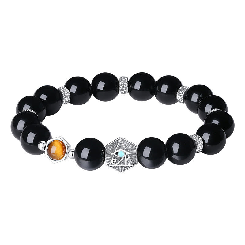 Buddha Stones 925 Srebro Sterlingowe Czarny Obsydian Tygrysie Oko Opatrzności Bransoletka Oczyszczająca