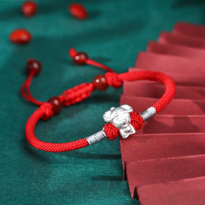 Buddha Stones 999 Srebro Sterling Chiński Zodiak Szczęście Siła Bransoletka z Czerwonego Sznurka