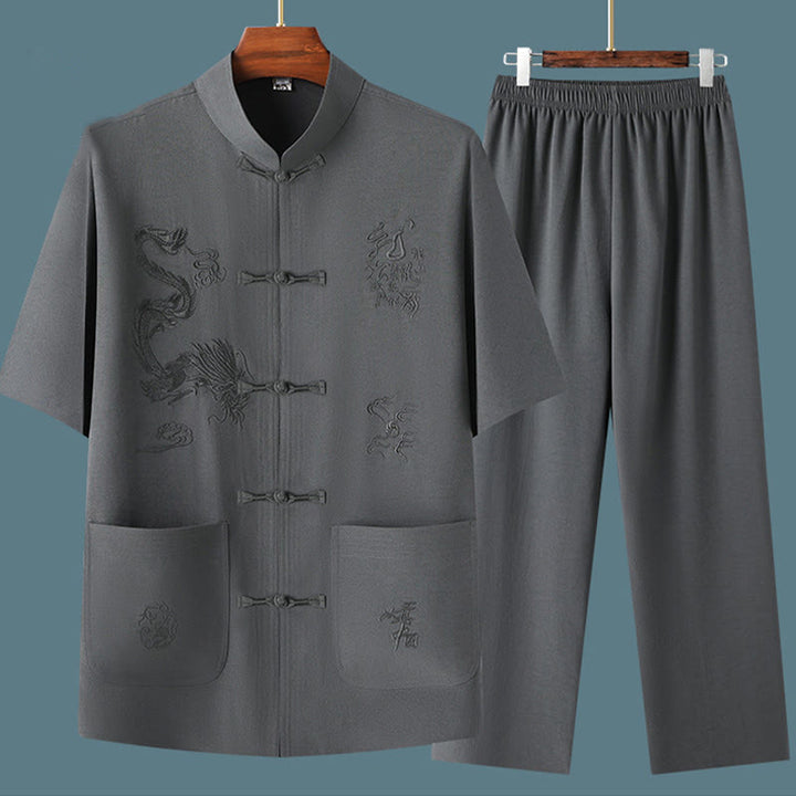 Buddha Stones Tang Suit Hanfu Chiński Smok Tradycyjny Kung Fu Jednolity Krótki Rękaw Topy i Spodnie Odzież Męska Zestaw - image 15