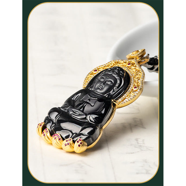 Buddha Stones 925 Srebro Sterlingowe Naturalny Czarny Jade Kwan Yin Avalokitesvara Naszyjnik Wisiorek Bogactwo - image 7