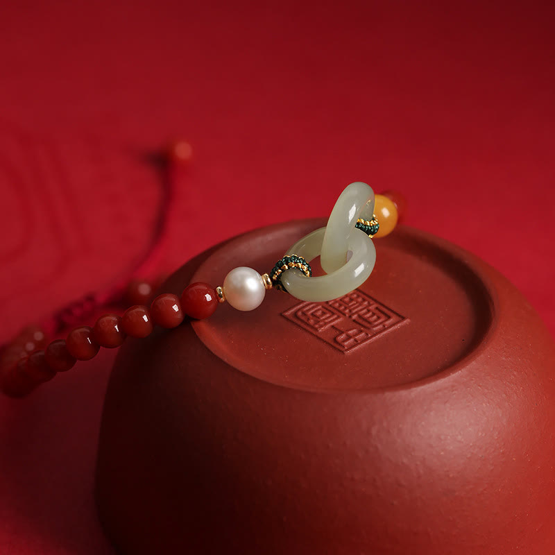 Buddha Stones Natural Red Agat Hetian Jade Double Peace Buckle Confidence
