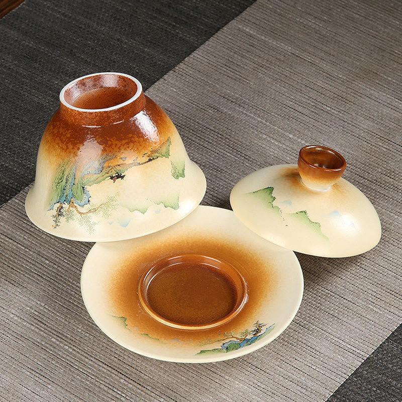 Buddha Stones Górski Krajobraz Wiejski Ceramiczny Gaiwan Sancai Filiżanka Kung Fu Filiżanka I Spodek Z Pokrywką - image 3