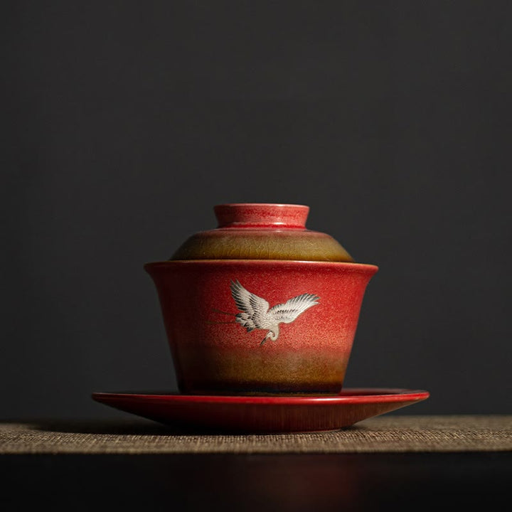 Buddha Stones Czerwony Pomyślny Żuraw Ceramiczny Gaiwan Sancai Filiżanka Kung Fu Filiżanka I Spodek Z Pokrywką
