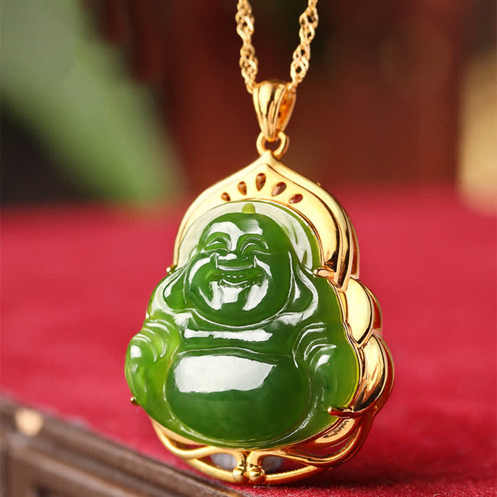 925 Srebro Sterling Naturalny Hetian Cyan Jade Śmiejący się Budda 18K Złoty Naszyjnik Uzdrawiający Łańcuszek Wisiorek - image 4