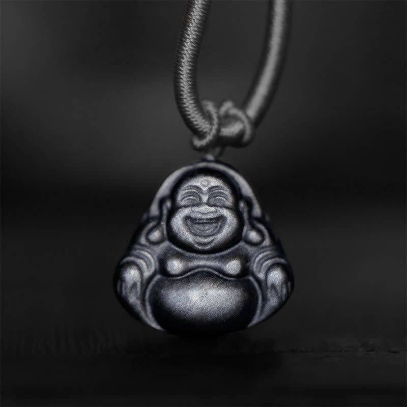 Buddha Stones Naturalny Srebrny Połysk Obsydian Śmiejący się Budda Naszyjnik Ochronny Wisiorek - image 1