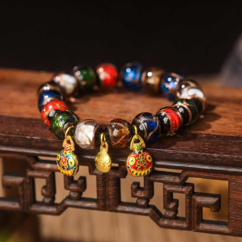 Buddha Stones Pięć Elementów Złota Połykająca Bestia Rodzina Charm Liuli Szklana Koralik Bransoletka Szczęścia