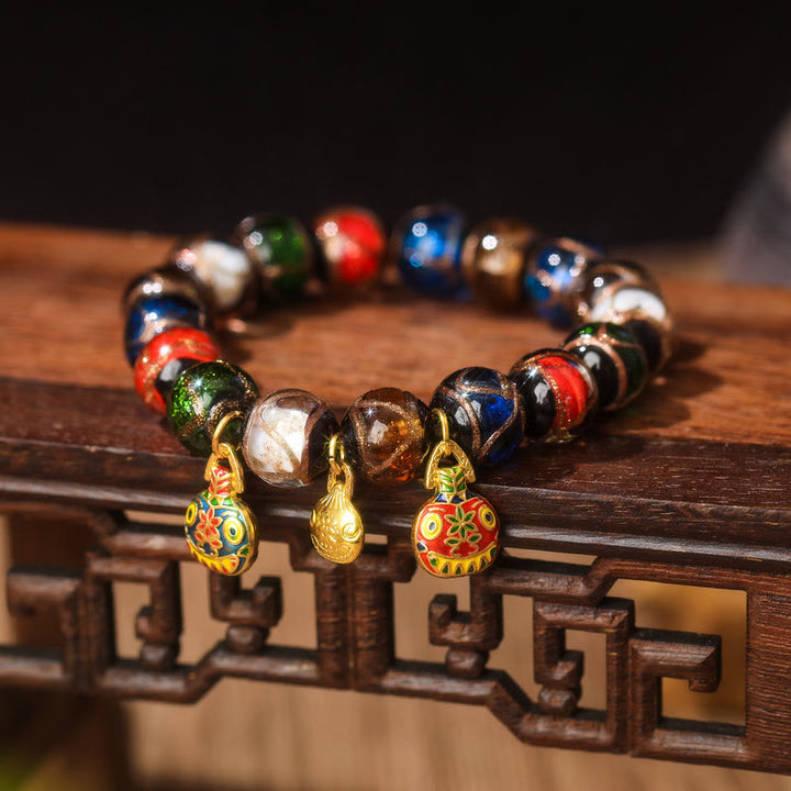 Buddha Stones Pięć Elementów Złota Połykająca Bestia Rodzina Charm Liuli Szklana Koralik Bransoletka Szczęścia