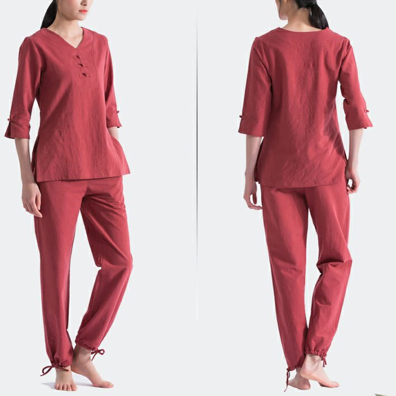 Buddha Stones Joga Medytacja Modlitwa Dekolt w serek Projekt Bawełna Len Odzież Jednolita Praktyka Zen Zestaw Damski - image 13