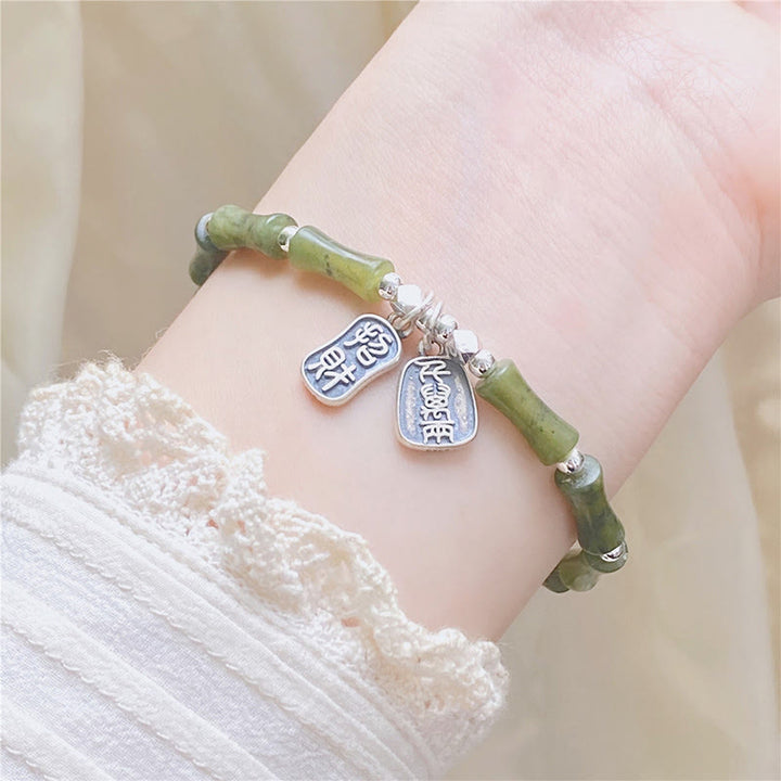 Buddha Stones 925 Srebro Sterlingowe Bambus Jade Lucky Cat Fu Character Luck Abundance Bransoletka - image 6