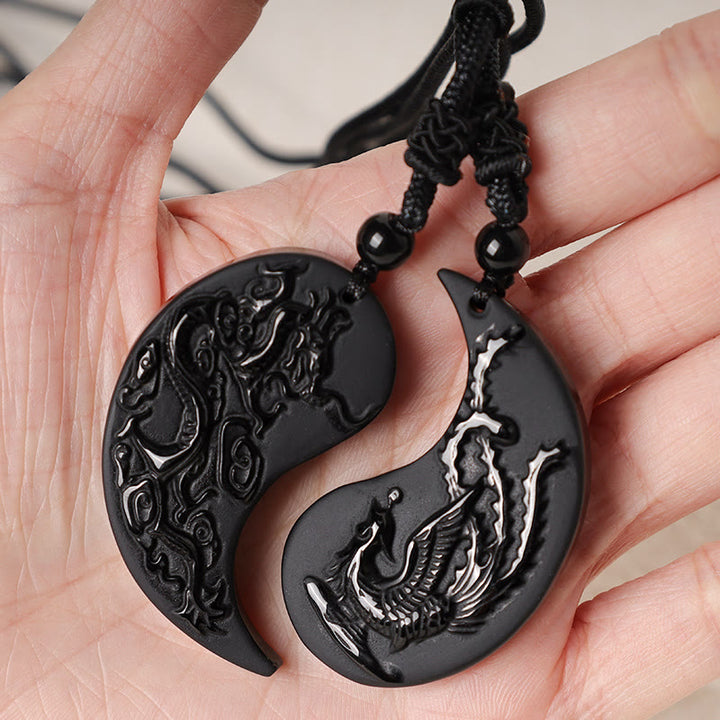 Buddha Stones Czarny Obsydian Yin Yang Smok Feniks Szczęście Naszyjnik Wisiorek - image 5