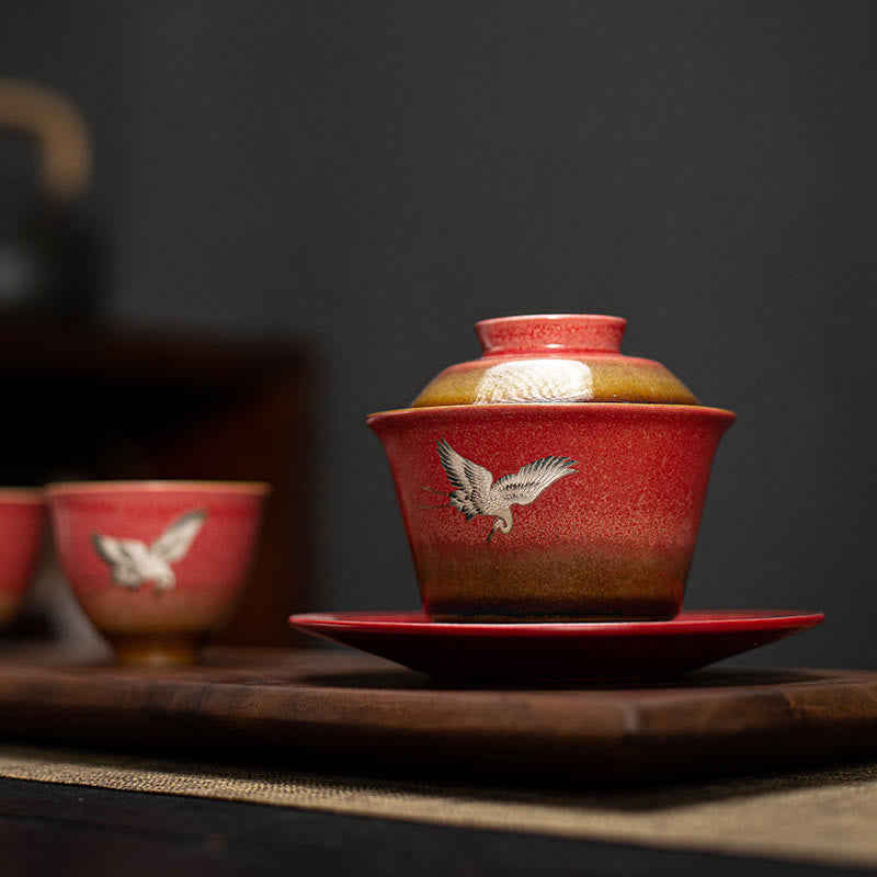 Buddha Stones Czerwony Pomyślny Żuraw Ceramiczny Gaiwan Sancai Filiżanka Kung Fu Filiżanka I Spodek Z Pokrywką