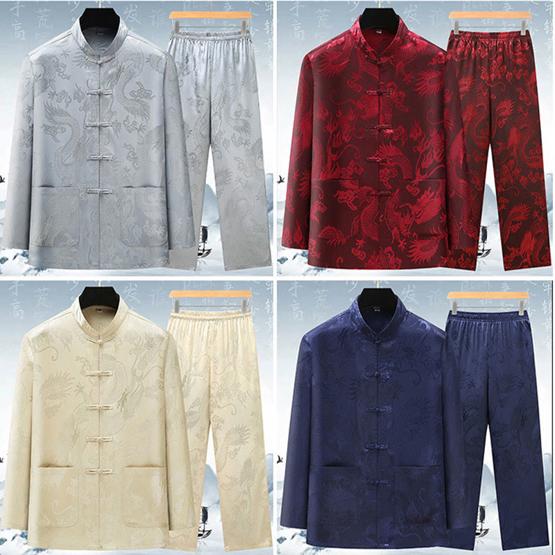 Buddha Stones Tang Suit Mężczyźni Hanfu Chiński Smok Tradycyjne Ubrania Kung Fu Koszula Jednolity Długi Rękaw Płaszcz Bluzki i Spodnie Odzież Męska Zestaw - image 18