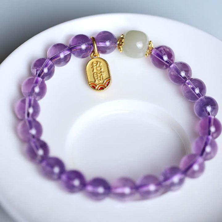 Buddha Stones Naturalny Ametyst Kryształ Hetian Jade Healing Charm Bransoletka