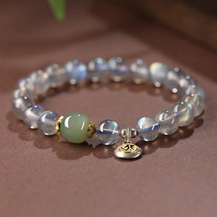 Buddha Stones Chiński Zodiak Natal Budda 925 Srebro Sterling Naturalny Kamień Księżycowy Hetian Jade Pozytywna Bransoletka