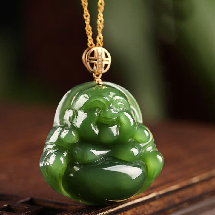 925 Srebro Sterlingowe Śmiejący się Budda Hetian Cyan Jade 18K Złoty Naszyjnik Sukcesu Łańcuszek Wisiorek - image 2