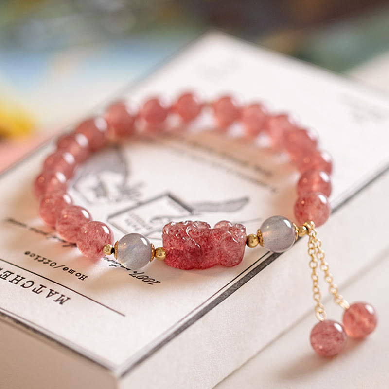 Buddha Stones Naturalny Kwarc Truskawkowy Kamień Księżycowy PiXiu Love Healing Bransoletka