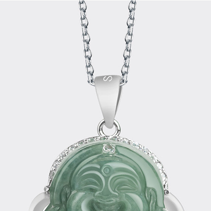 Buddha Stones 925 Srebro Sterlingowe Śmiejący się Budda Jadeit Obfitość Naszyjnik Łańcuszek Wisiorek - image 7