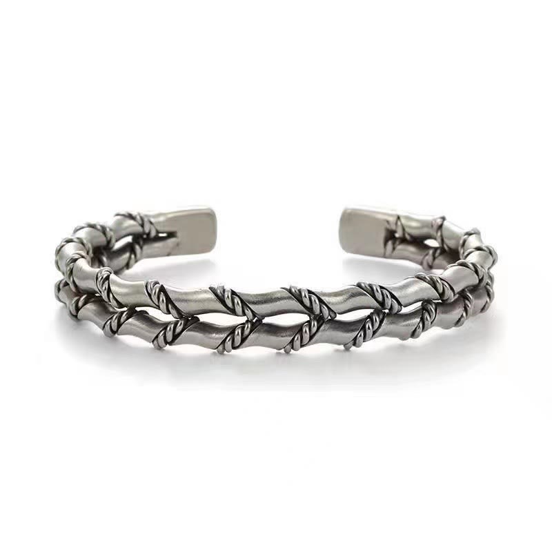 Buddha Stones Vintage Double Layer Bamboo Pattern Luck Cuff Bangle