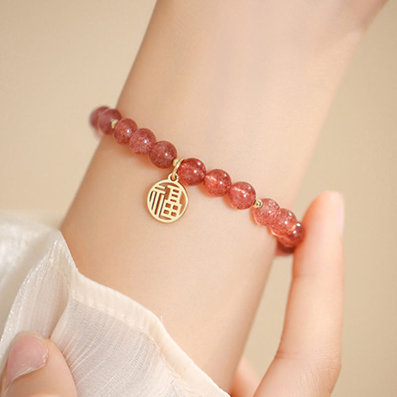 Bransoletka z Buddha Stones 14K pozłacana kwarcem truskawkowym Fu Character Healing Charm