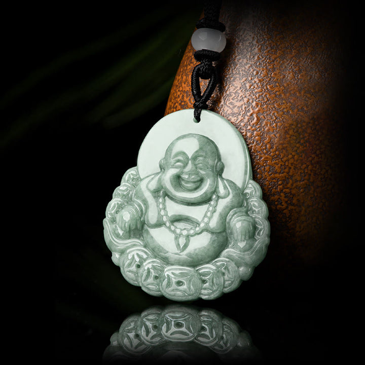 Buddha Stones Śmiejący się Budda Naturalny Jade Miedziana Moneta Obfitość Naszyjnik Wisiorek - image 6