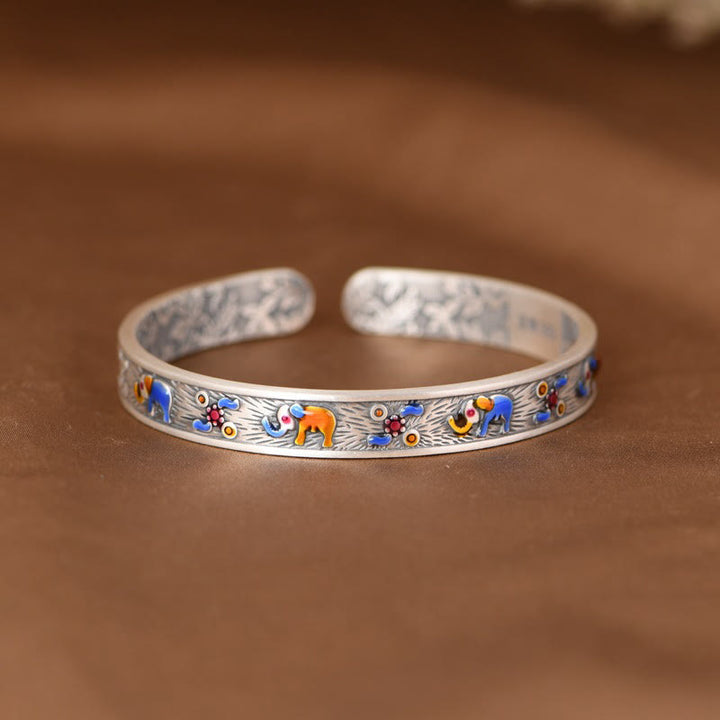 Buddha Stones 999 Srebro Sterlingowe Słoń Siła Mądrość Bransoletka Mankiet Bangle