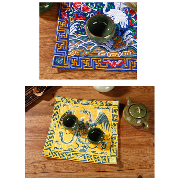 Buddha Stones Feniks Smok Kirin Haftowana Podkładka Pod Kubek Pod Kubek Pod Herbatę Kwadratowa Mata Pod Herbatę Kung Fu